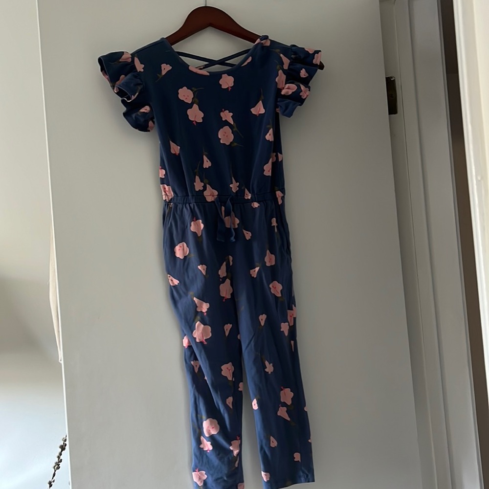 Tea blue with peach and pink flower jumpsuit for 5-7 year old.
